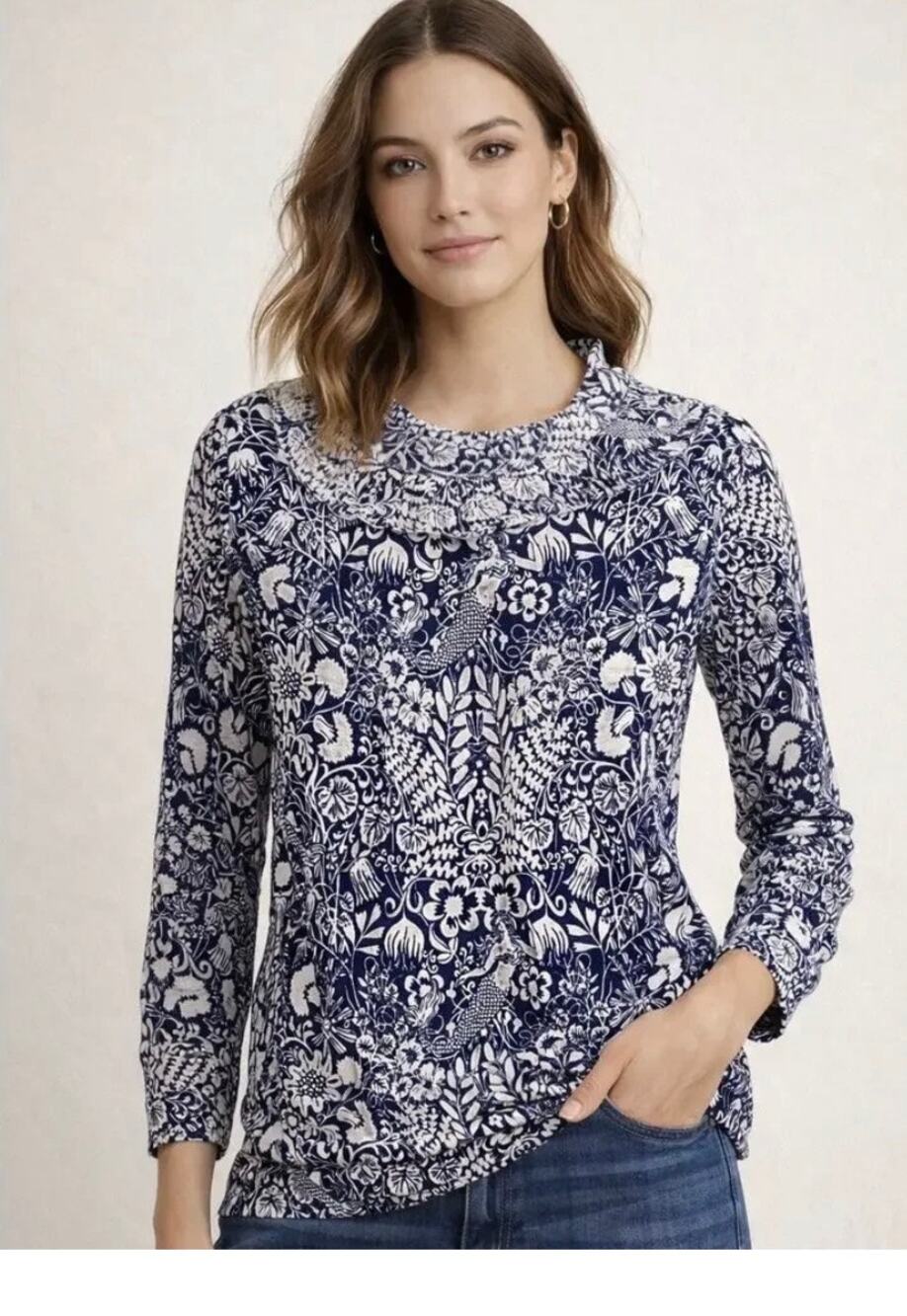 J. Crew Mermaid Ruffle Tippi Sweater Blue Toile Nautical Size S Merino Wool RARE
